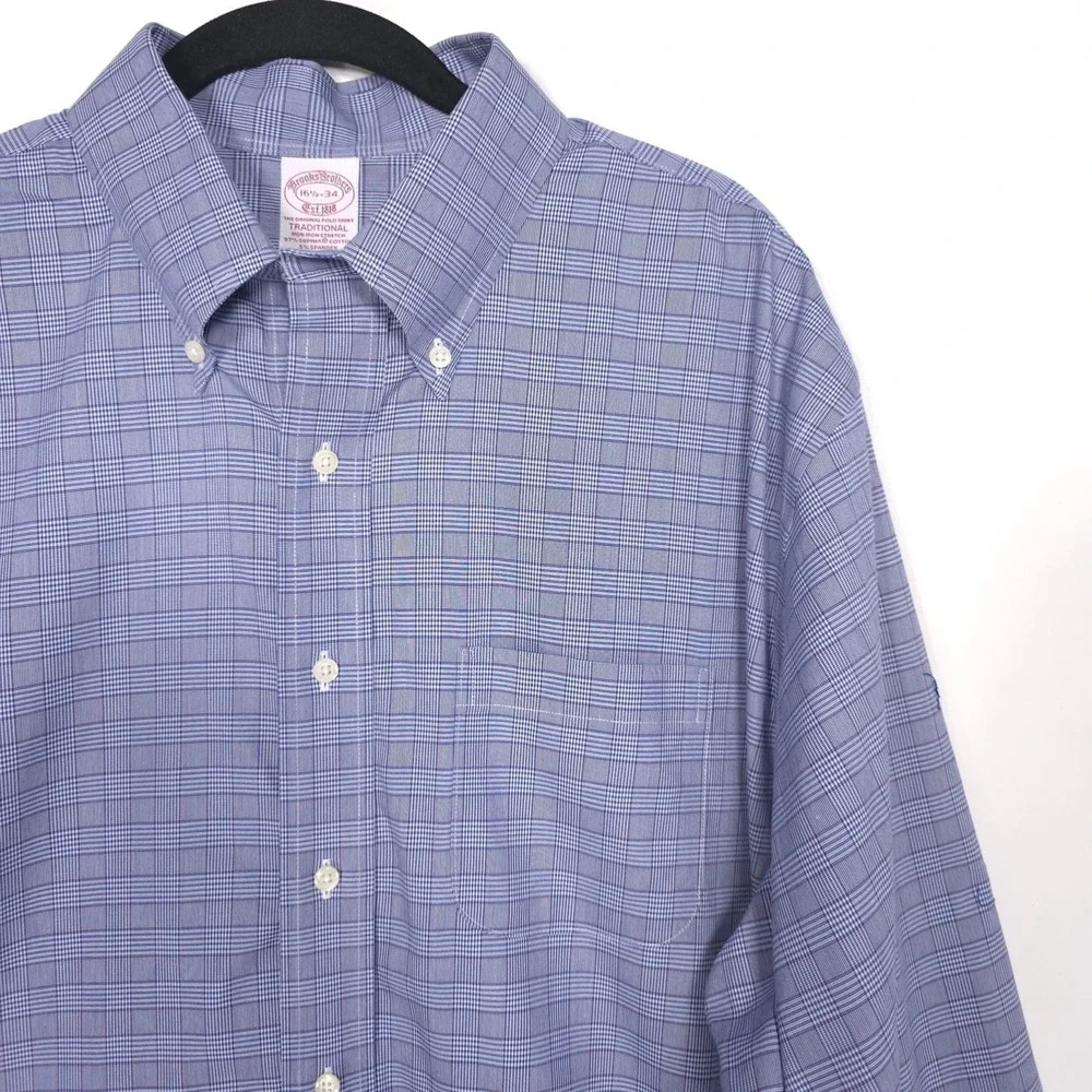 BROOKS BROTHERS Est.1818 Blue Plaid‎ Dress Shirt Supima Cotton Non Iron 16.5 34